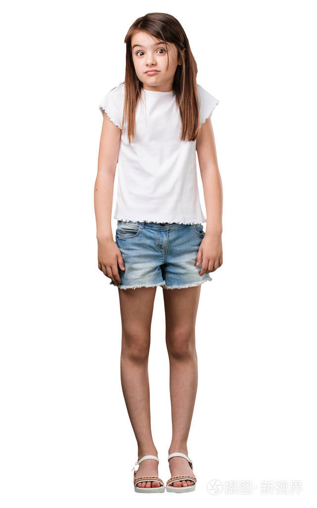 全身体小女孩怀疑和耸耸肩的肩膀优柔寡断和不安全感