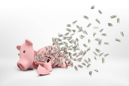 3d 渲染粉红色破碎的小猪银行躺在白色背景与许多美元飞出它