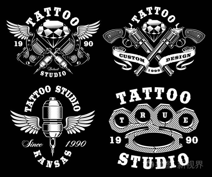 黑色背景下的单色纹身标志套