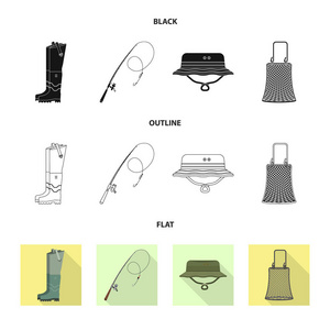 鱼和捕鱼符号的矢量设计。一套鱼和设备股票矢量图