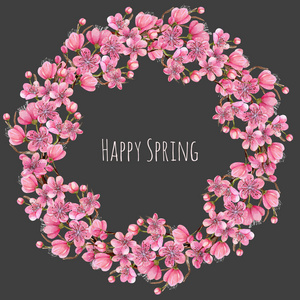 水彩春天盛开的樱桃树枝花环, 手绘白色背景