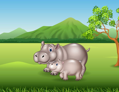 马动画动画片母亲和小河马的媒介例证在丛林里照片