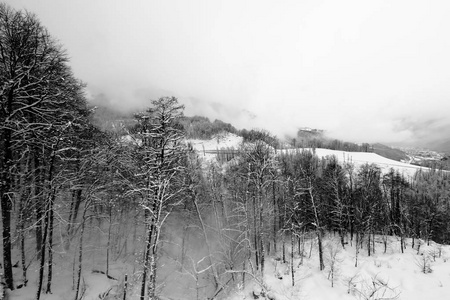 冬季滑雪坡道和升降机的黑白照片雪中群山的雪坡