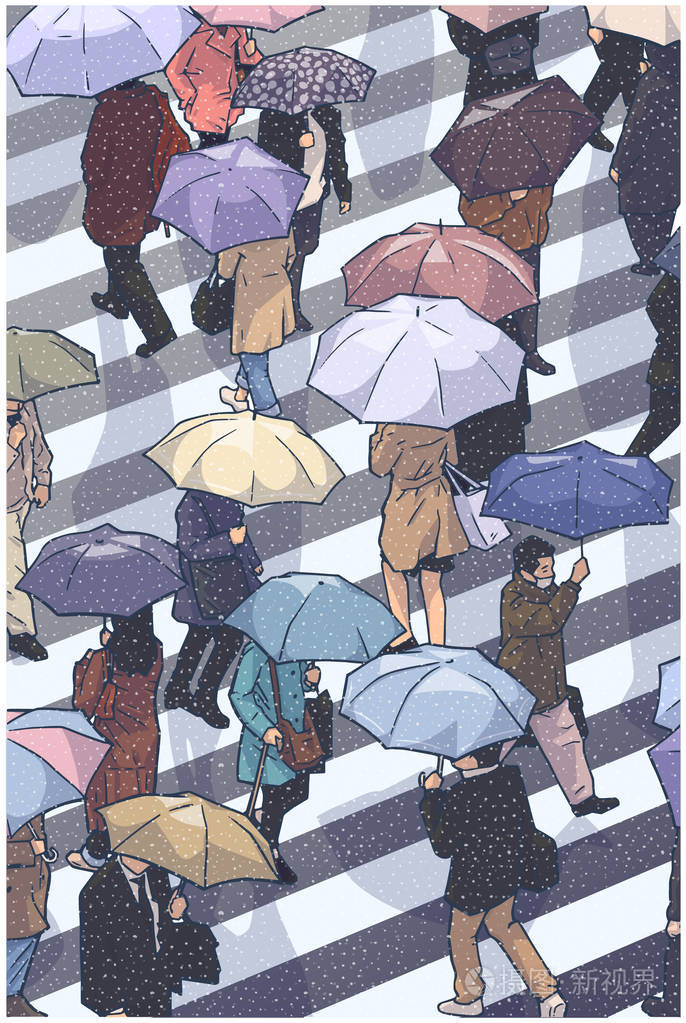 热闹的街道交叉与人们在雪地里拿着雨伞的插图