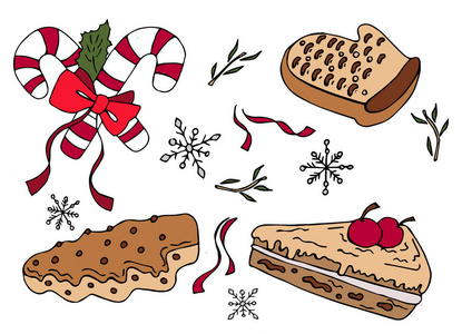 矢量涂鸦元素, 如糖果, 蛋糕和姜饼的圣诞晚餐
