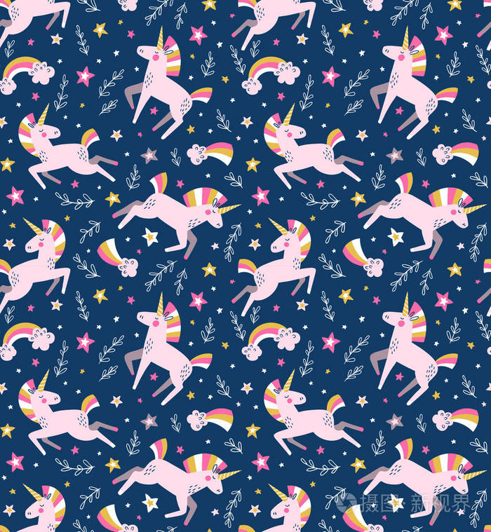 蓝色背景彩色独角兽无缝图案