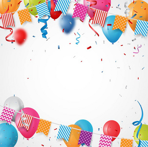 彩色矢量插图的生日贺卡背景。彩色旗帜, 气球和五彩纸屑在白色背景下制作的框架