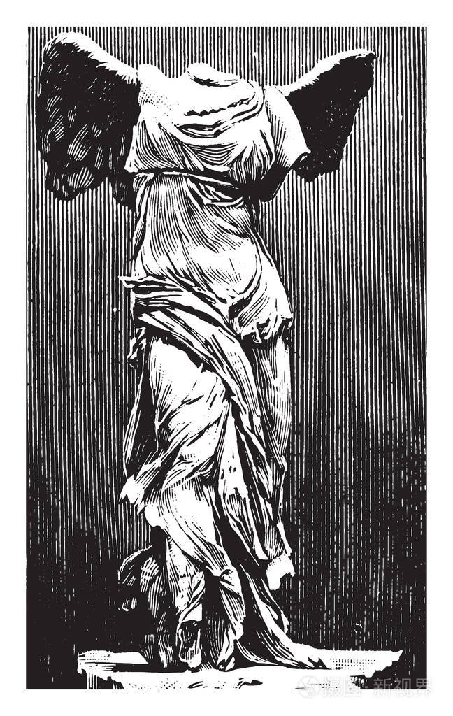 耐克是一个雕塑的胜利女神, 复古线条画或雕刻插图