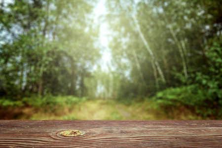 一个空的木桌, 可俯瞰模糊的绿色散景背景, 为您的文本复制空间。创意背景, 安装地点。自然概念