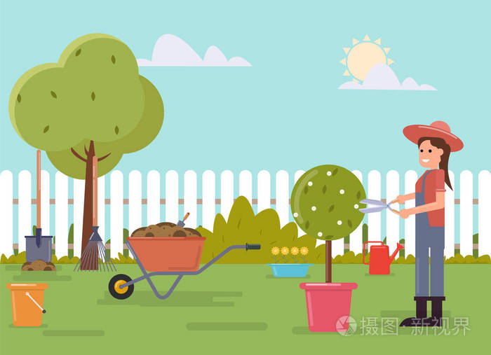 妇女做庭院维护