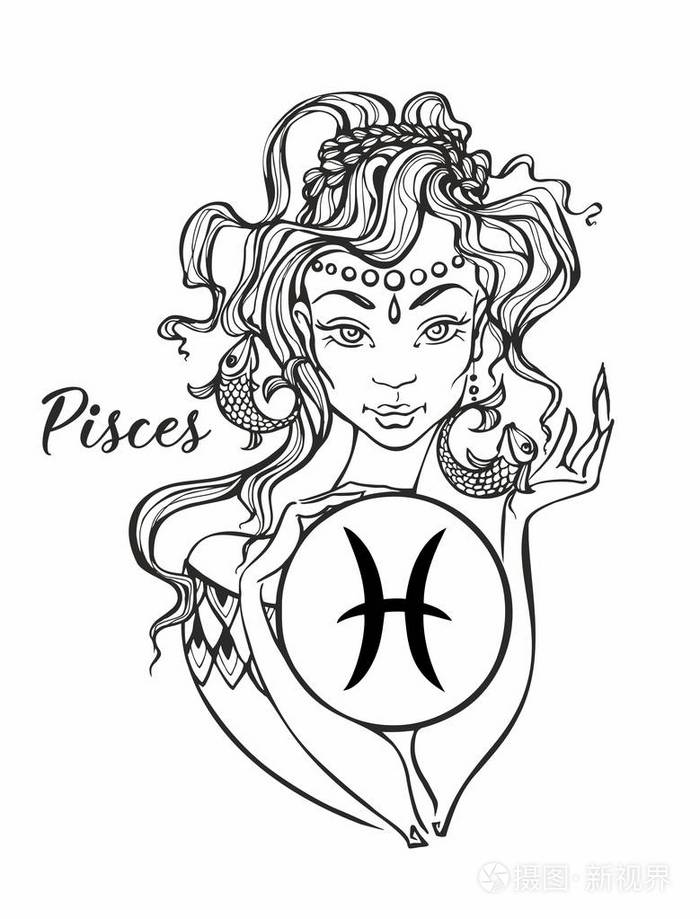 生肖星座双鱼座美丽的女孩.星座.占星 术.着色.向量