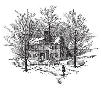 这是约翰沙利文的房子, 他是战争中的美国将军, 复古的线条绘画或雕刻插图