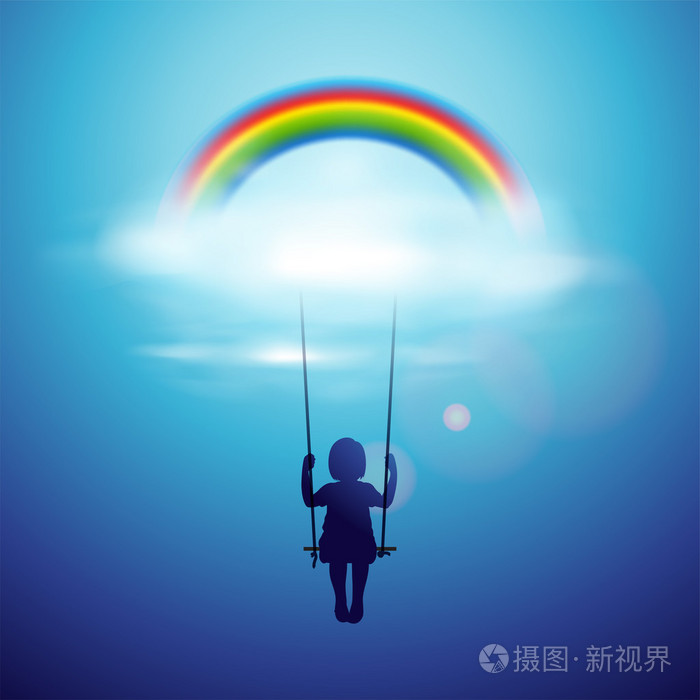 在云层中的彩虹下荡秋千的小女孩