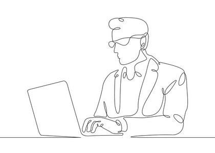 连续线绘图人坐在笔记本电脑照片