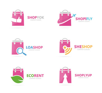 商店标志组合集。交易和零售的符号或图标。独特的销售和袋标识设计模板