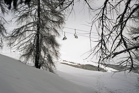 一辆缆车和人们在雪地上滑雪的景象覆盖了高山瑞士冬季的山水和树枝。