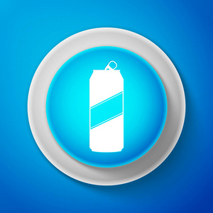 白色铝罐头图标在蓝色背景被隔绝。圆圈蓝色按钮与白色线。矢量插图