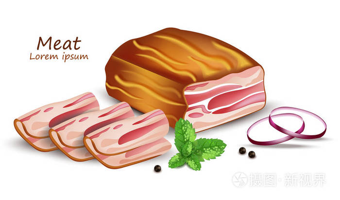 熏肉或熏火腿库托矢量逼真.产品放置模拟模板