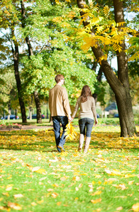 秋天一天在公园散步的情侣