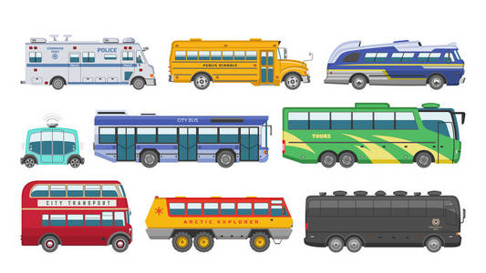 公交车矢量公交旅游或城市车辆运输乘客 schoolbus 警察和可移动的汽车例证运输集合在白色背景被隔绝了