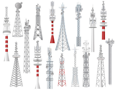 无线电塔矢量耸立城市通信技术天线建设网络无线信号站在白色背景下的高耸广播设备插图集