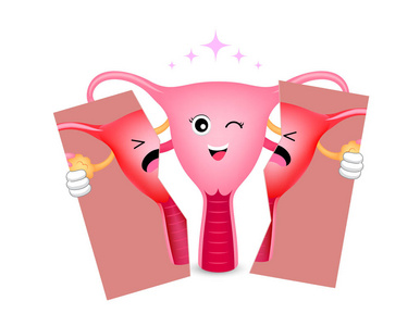 健康子宫卡通人物持有不健康的子宫撕裂.医疗保健理念, 前后.