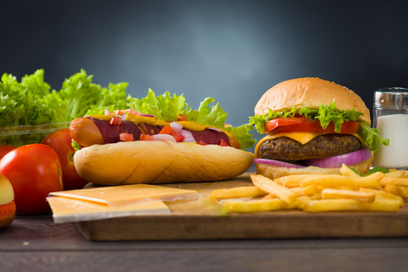 奶酪汉堡包和热狗用大量的快餐食品成分的背景上