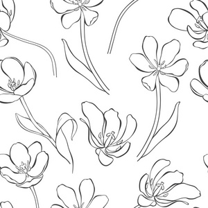 花卉无缝图案与郁金香。黑白矢量插图