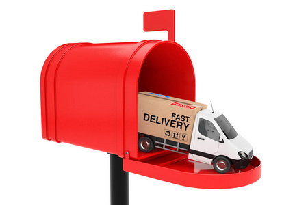 白色商业工业货运面包车卡车载有纸板箱与免费航运标志在红色的邮箱在白色的背景。3d 渲染