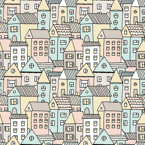 动画房子手绘无缝模式与涂鸦房子, 矢量背景与动画片镇照片