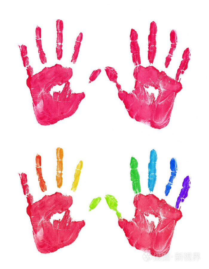 孤立的白色背景上的左 右孩子红颜色和彩虹手印集