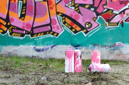 一些二手油漆罐躺在墙边的地面上, 用粉红色和绿色的颜色画出美丽的涂鸦。街道艺术概念