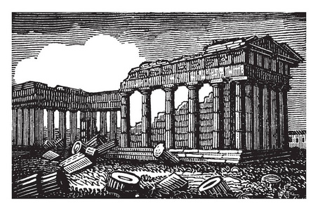 雅典的密涅瓦神庙, 是雅典著名的地方, 罗马名字为雅典娜, 享有的美誉是, 最完美的多利奇寺, 复古线画或雕刻插图