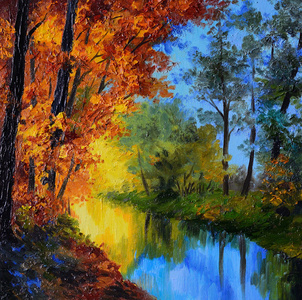 油画秋天的树林，当一条河