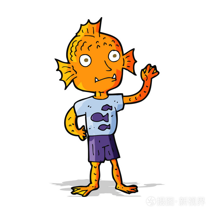 卡通挥舞着鱼男孩
