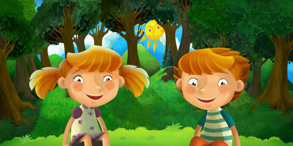 卡通场面与男孩和女孩兄弟和姐妹休息在森林例证为孩子