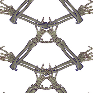 万圣节无缝的模式。人类手骨的各种手势。常规垂直节奏
