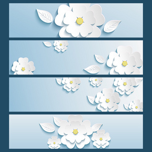 设置横幅的蓝色 3d 朵樱花与叶