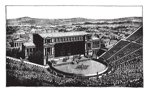 狄俄尼索斯剧院是希腊剧院在雅典, 复古线图画或雕刻例证