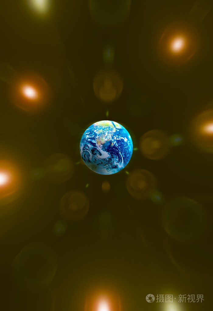 在金色的光晕背景的蓝色星球