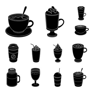 不同类型的咖啡黑色图标集合中的设计。咖啡饮料矢量符号股票网页插图
