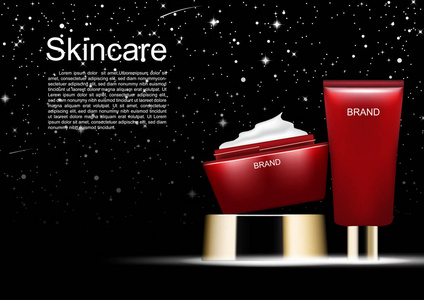 化妆品广告模板, 红色化妆套装与星空夜背景