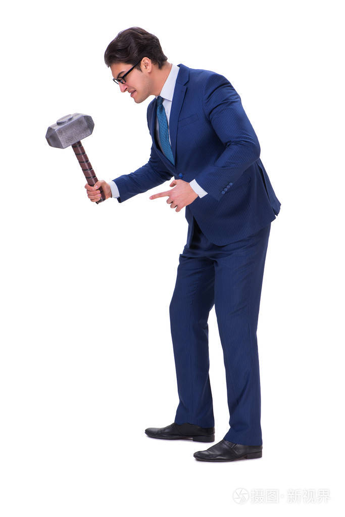 商人用锤子隔绝在白色背景上