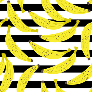 矢量插图, 带条纹背景的香蕉果的无缝图案