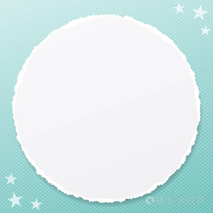 撕裂白色圆形空白便笺, 笔记本纸卡在绿松石的平方背景与明星插画-正