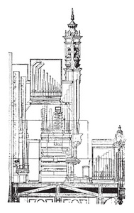 切割圣圣布里厄大教堂的器官, 复古雕刻插图。工业百科全书 E。拉米1875