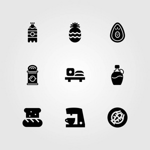 食物和饮料矢量图标集。鳄梨, 饮料, 苏打和菠萝