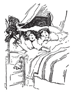 这个场景显示两个孩子睡在床上, 长胡子的小个子看着他们, 椅子上的娃娃, 老式的线条画或雕刻插图