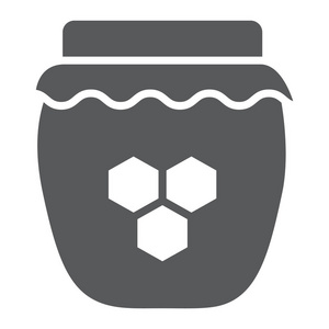 蜂蜜标志符号, 食物和甜, 蜂蜜罐子符号, 矢量图形, 在白色背景的固体图案