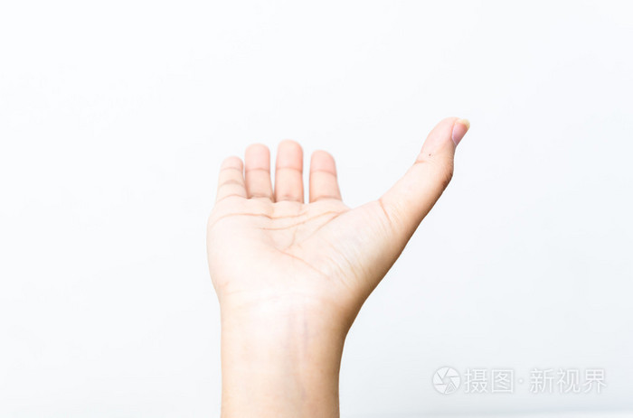 特写镜头的漂亮的女人手上,掌心向上.上白 b 孤立